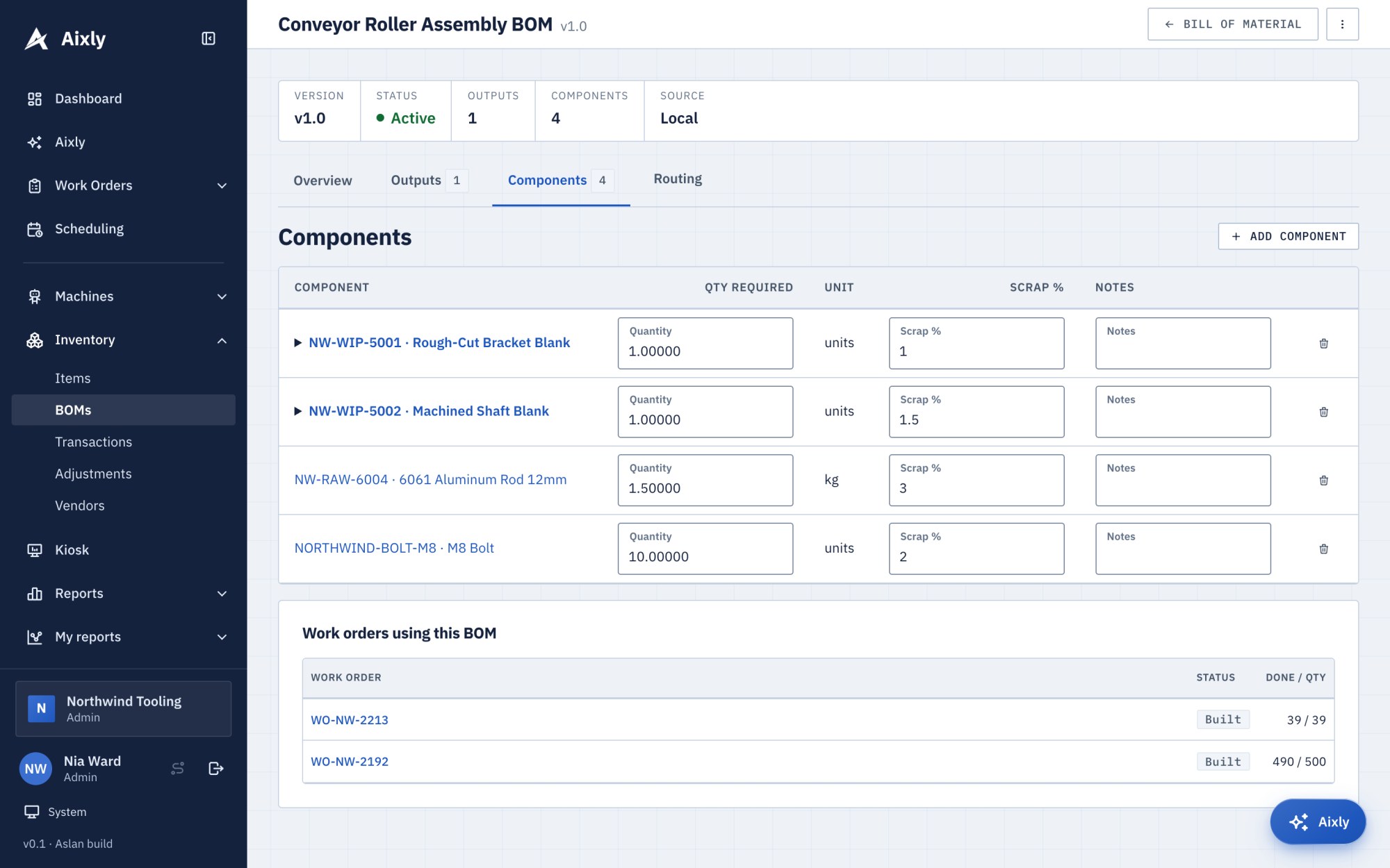 A bill of materials in Aixly with its product, version and status