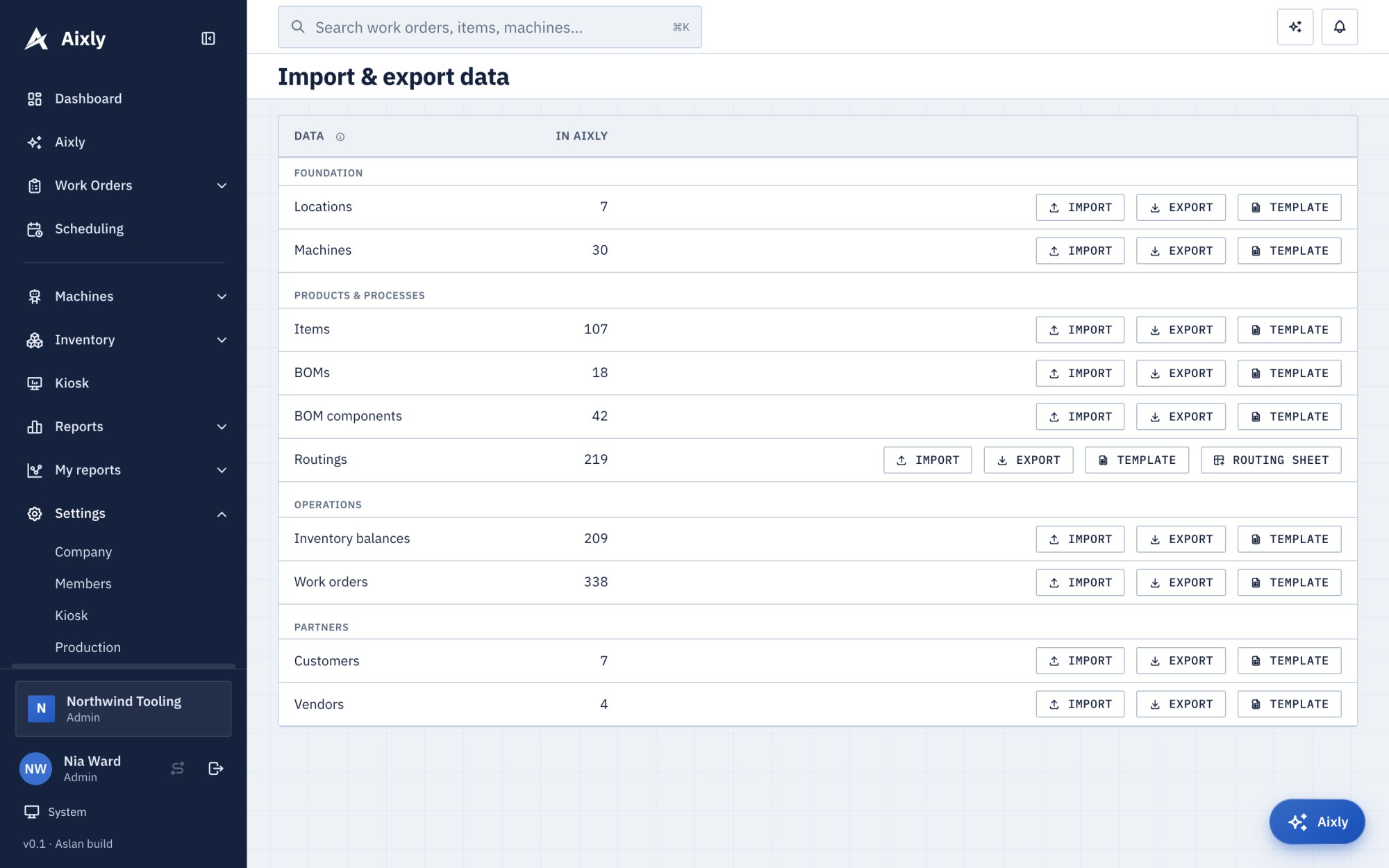 The Aixly import page with a template, import and export for each type of record