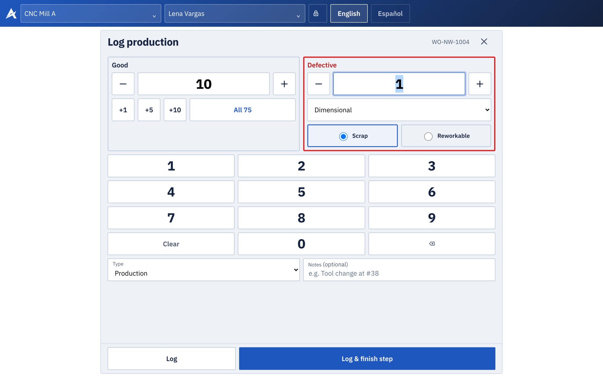 The Aixly kiosk logging production at a machine: good and defective counts, a defect reason, and Log and finish step