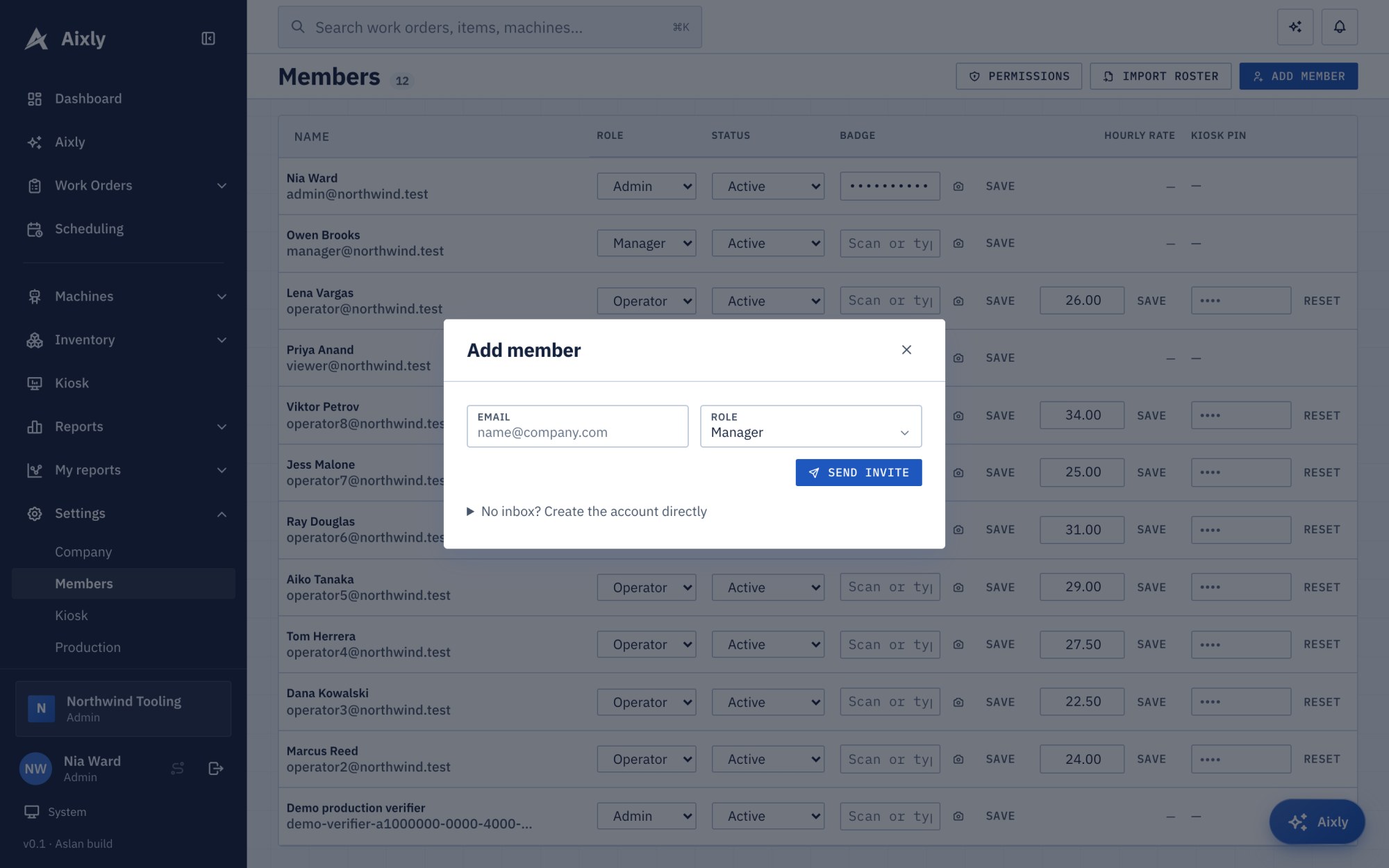 The Members and roles page with the invitation form